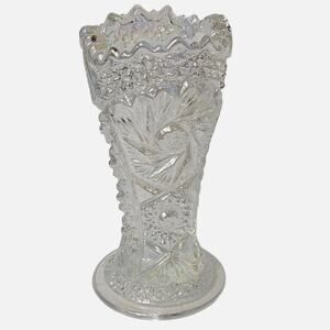 L.E. Smith Whirling Star Carnival Glass Sawtooth Vase 6" Rainbow Iridescence 60s